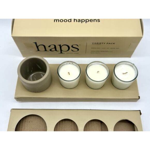 New HAPS Mood Care Candle Set Variety Pack 3 Candles 1 Ceramic Votive Drunk Text - Picture 12 of 13